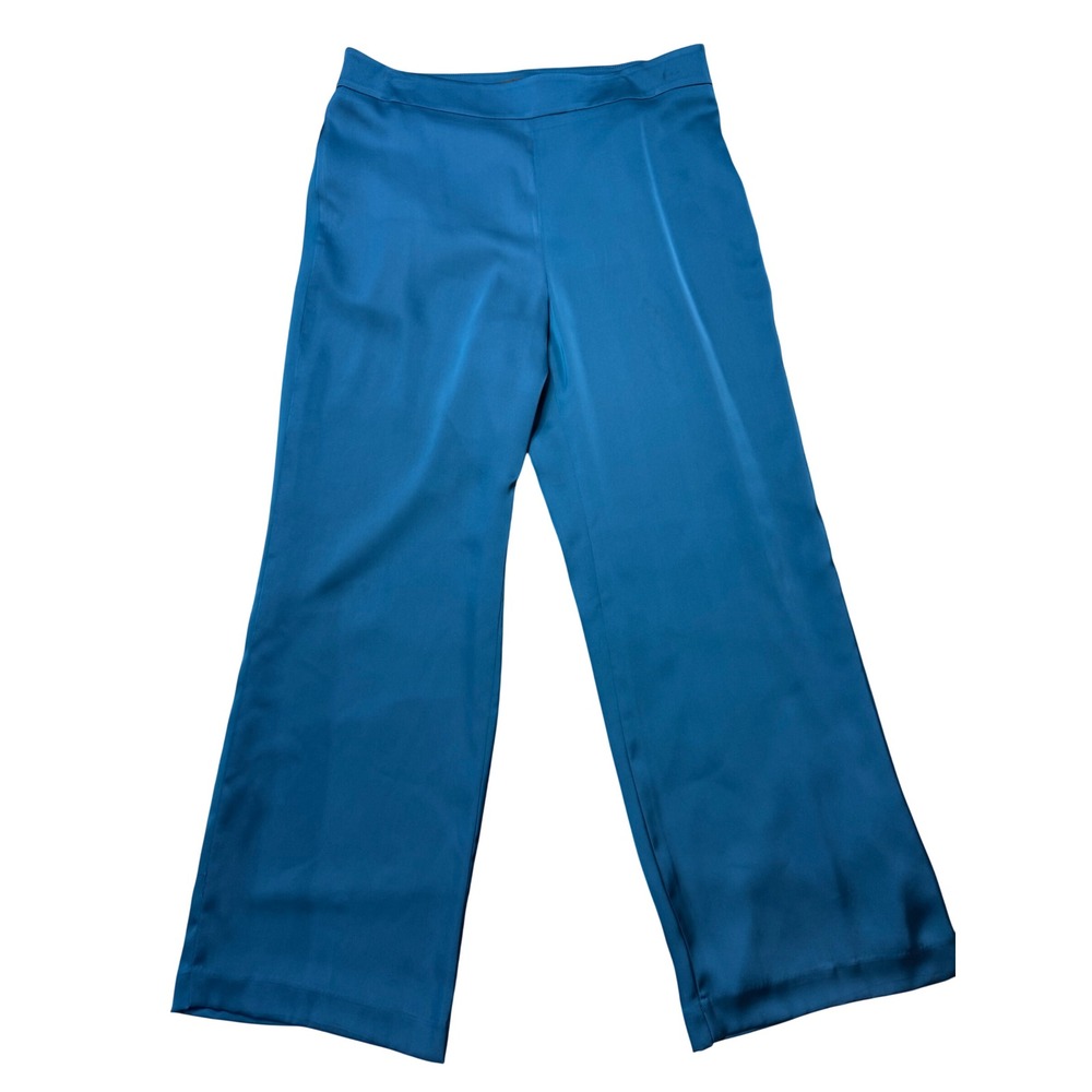 Ann Taylor Wide Leg Trousers Womens 14 Teal Blue Excellent Satin Side Zip Pants